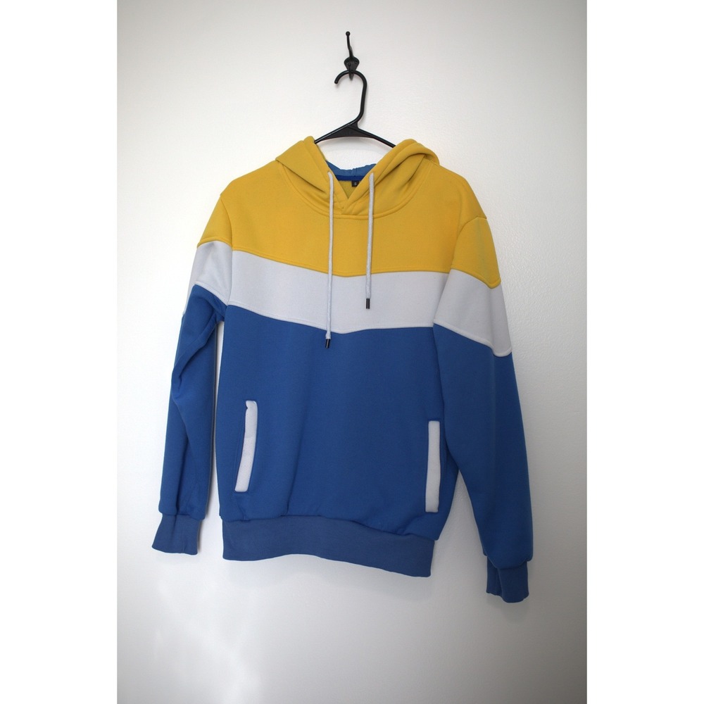 Yellow White Blue Colorblock Hoodie Sweatshirt Mens Small Fleece Lined Pockets